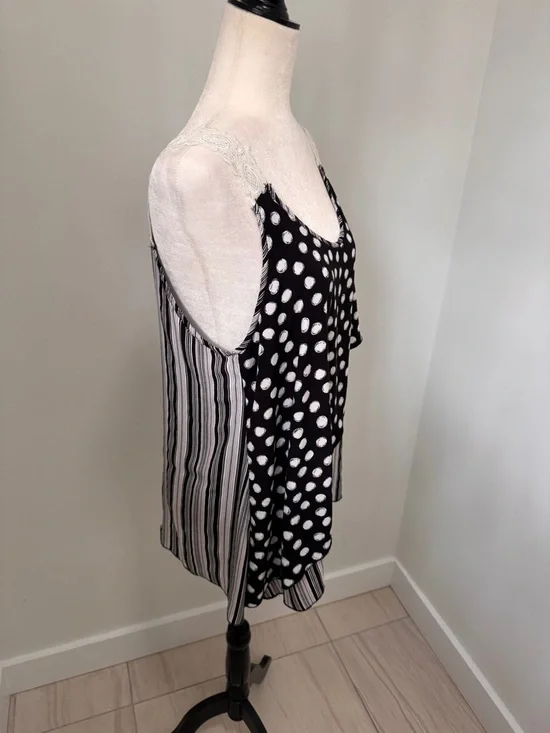 Tank Top Polka Dot & Vertical Stripe Lace-Trim Straps - Black/White Relaxed Fit - Picture 6 of 14